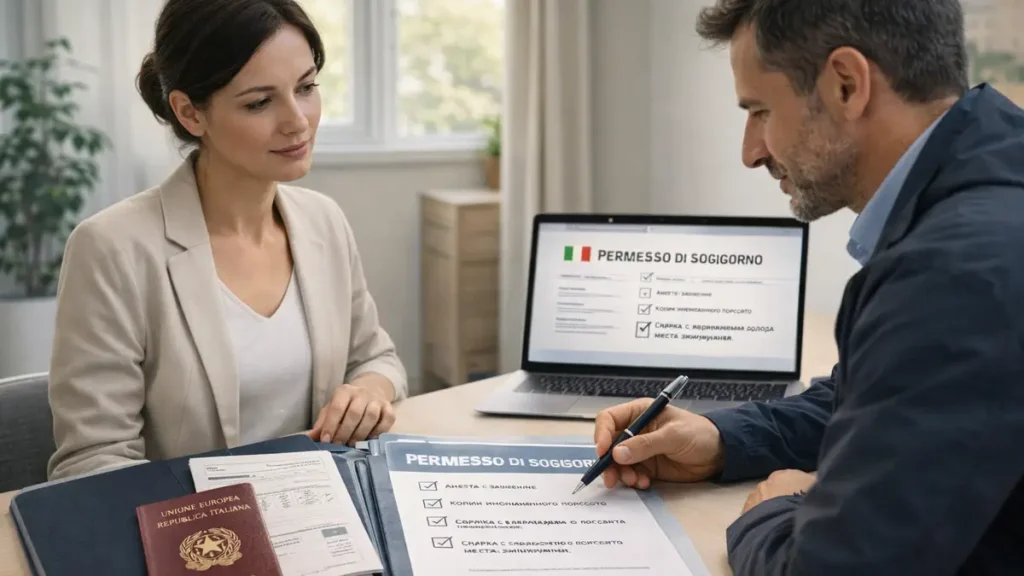 сцена консультации по ВНЖ в Италии: документы, чек-лист, спокойная уверенная атмосфера,