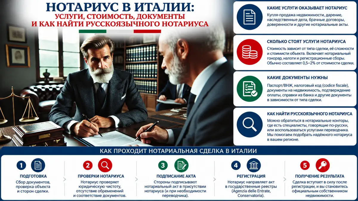 Нотариус в Италии консультирует пару перед сделкой с недвижимостью, документы и расчет расходов на столе