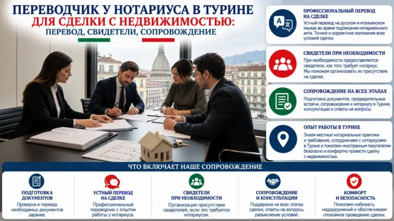 Переводчик у нотариуса в Турине для сделки с недвижимостью: перевод, свидетели, сопровождение