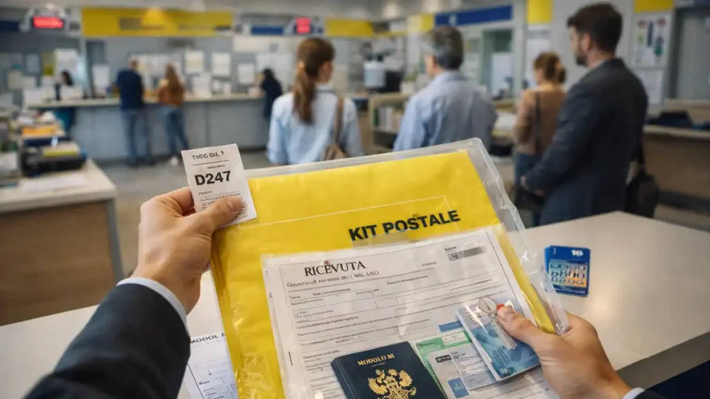 сцена внутри отделения Poste Italiane (Sportello Amico). В кадре человек 30–40 с жёлтым конвертом kit postale и папкой документов на продление ВНЖ, на столике формы Modulo 1/2, копии паспорта и permesso, codice fiscale, марка da bollo