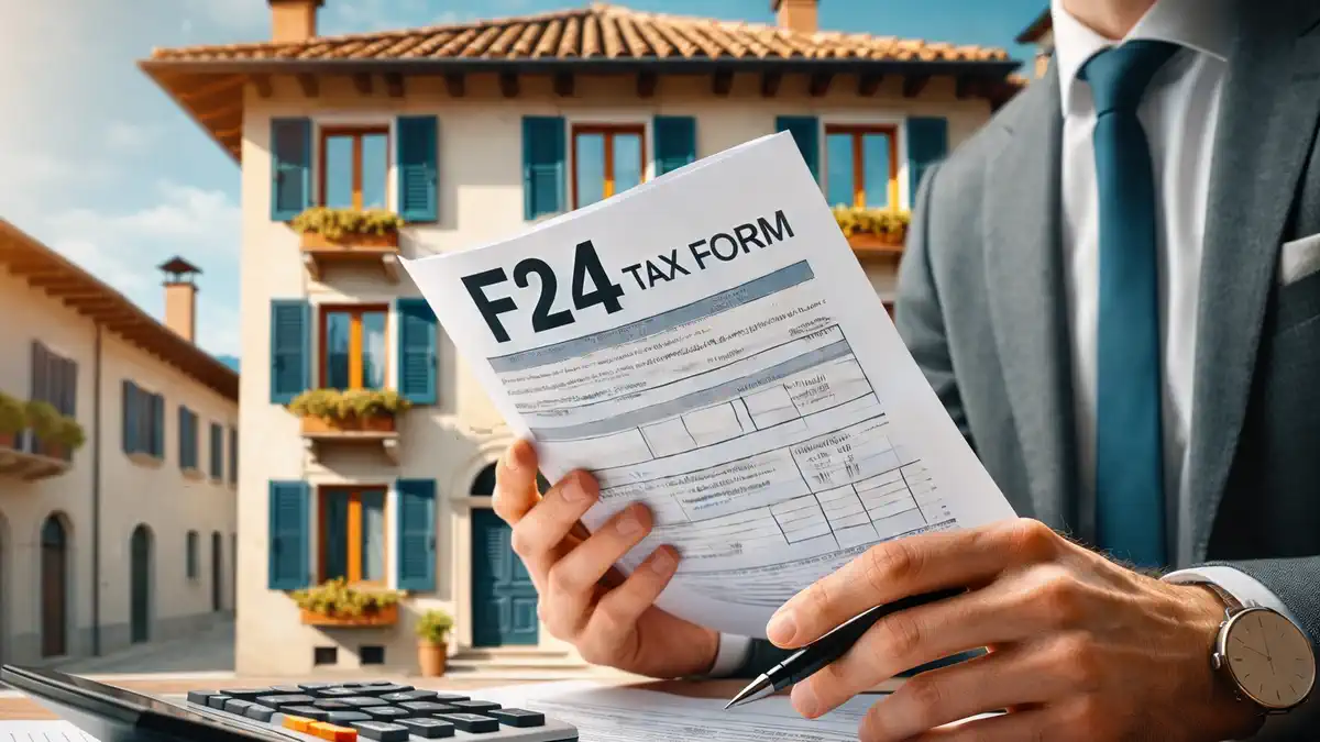 Изображение налогоплательщика с калькулятором и формой F24 на фоне итальянского муниципалитета