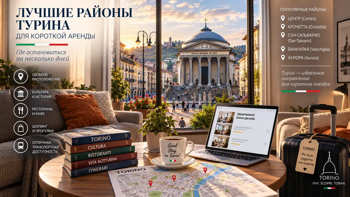 Вид на центр Турина, популярное место для посуточной аренды квартир туристами и деловыми путешественниками