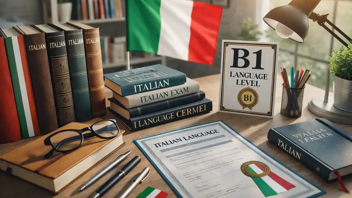 Сертификат B1 по итальянскому: студент готовится к экзамену с учебными материалами в Италии