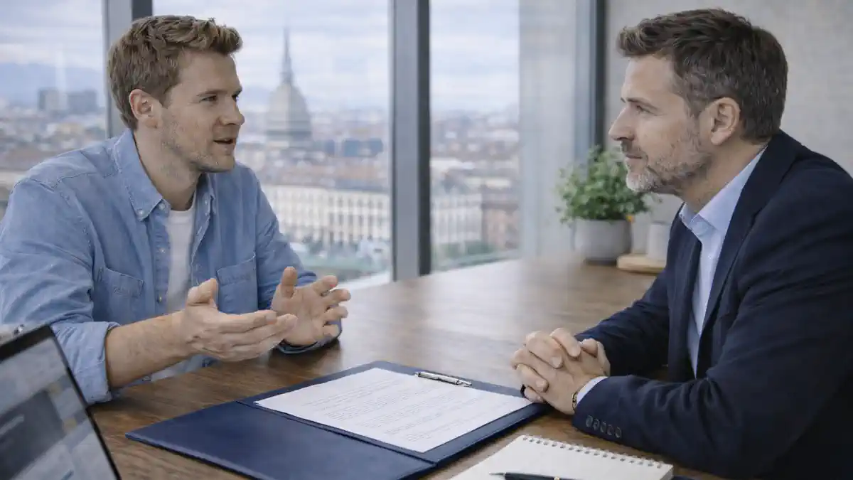 SRLS в Италии: регистрация упрощённой компании, предприниматель обсуждает документы с консультантом