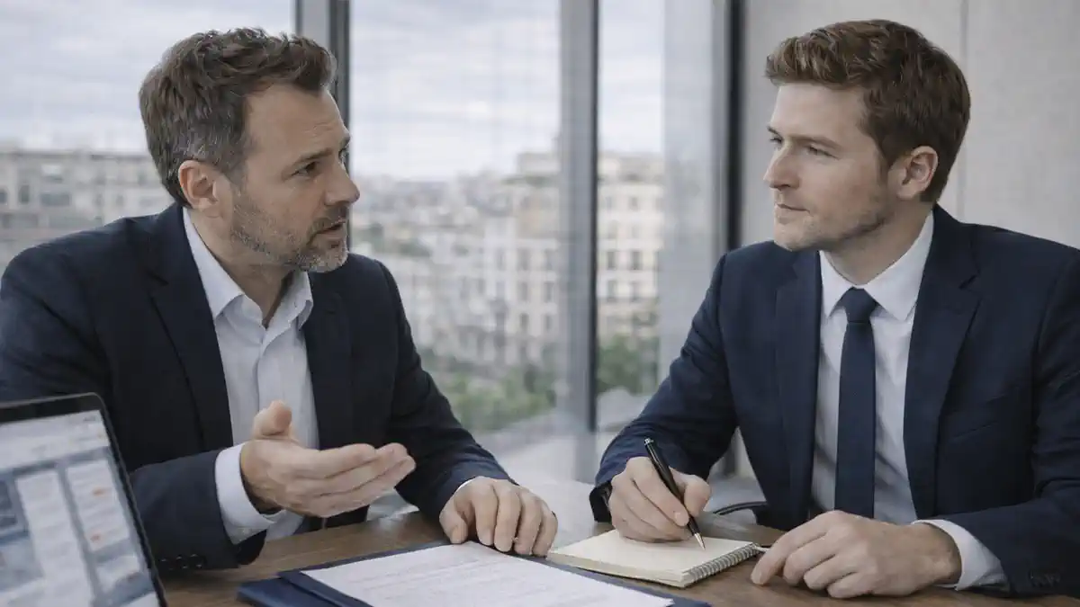 Адвокат для защиты бизнеса в Италии консультация по рискам договорам и суду для предпринимателя Современный офис в Италии, предприниматель и юрист обсуждают договор и план действий