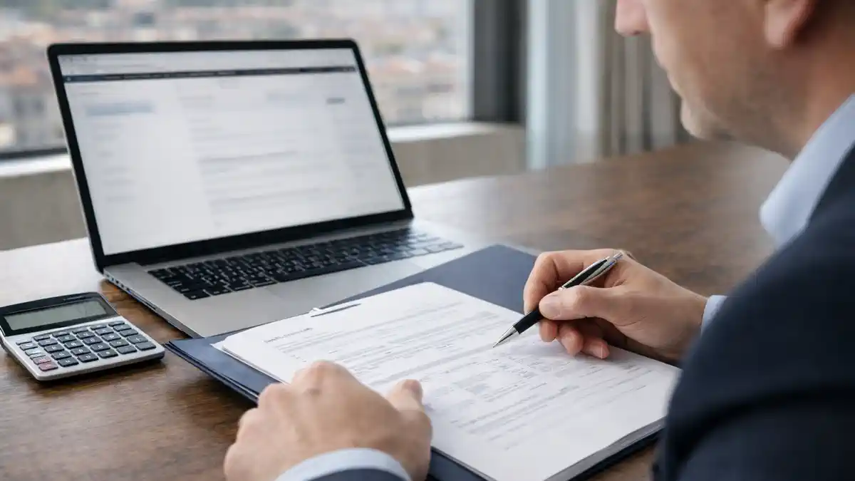 Налоговая амнистия в Италии: человек держит папку с налоговыми документами, калькулятор и ноутбук на столе, деловая атмосфера про урегулирование налоговых долгов в Италии, аккуратные документы