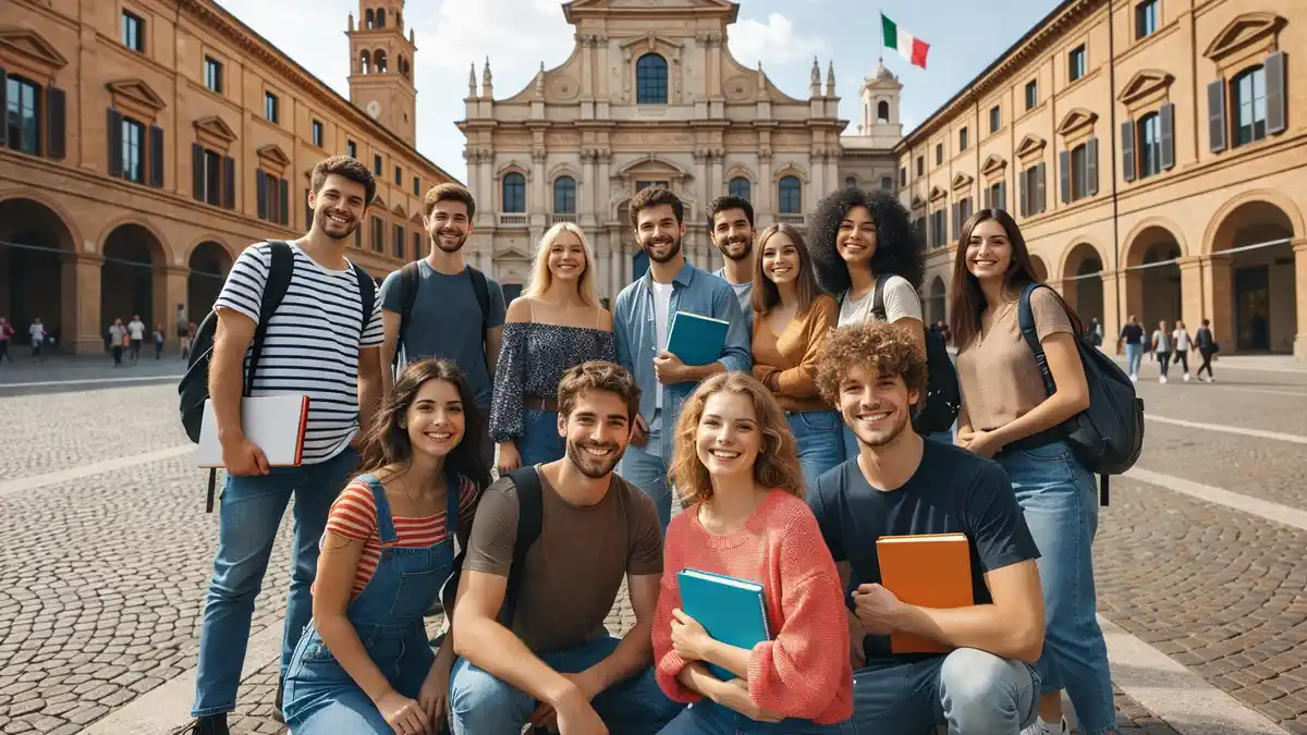 Студенты на фоне итальянского университета обсуждают учебу, стипендии и льготы