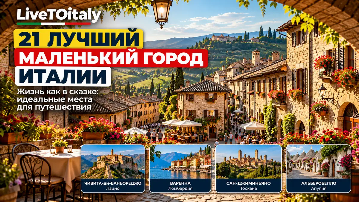 Живописный маленький город в Италии с каменными домиками и цветущими балконами