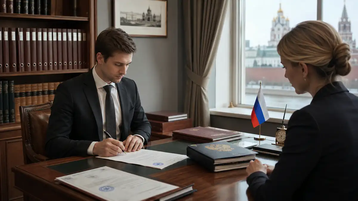 Оформление доверенности в Италии: человек подписывает документы, рядом паспорт и папка без читаемого текста, спокойная деловая атмосфера