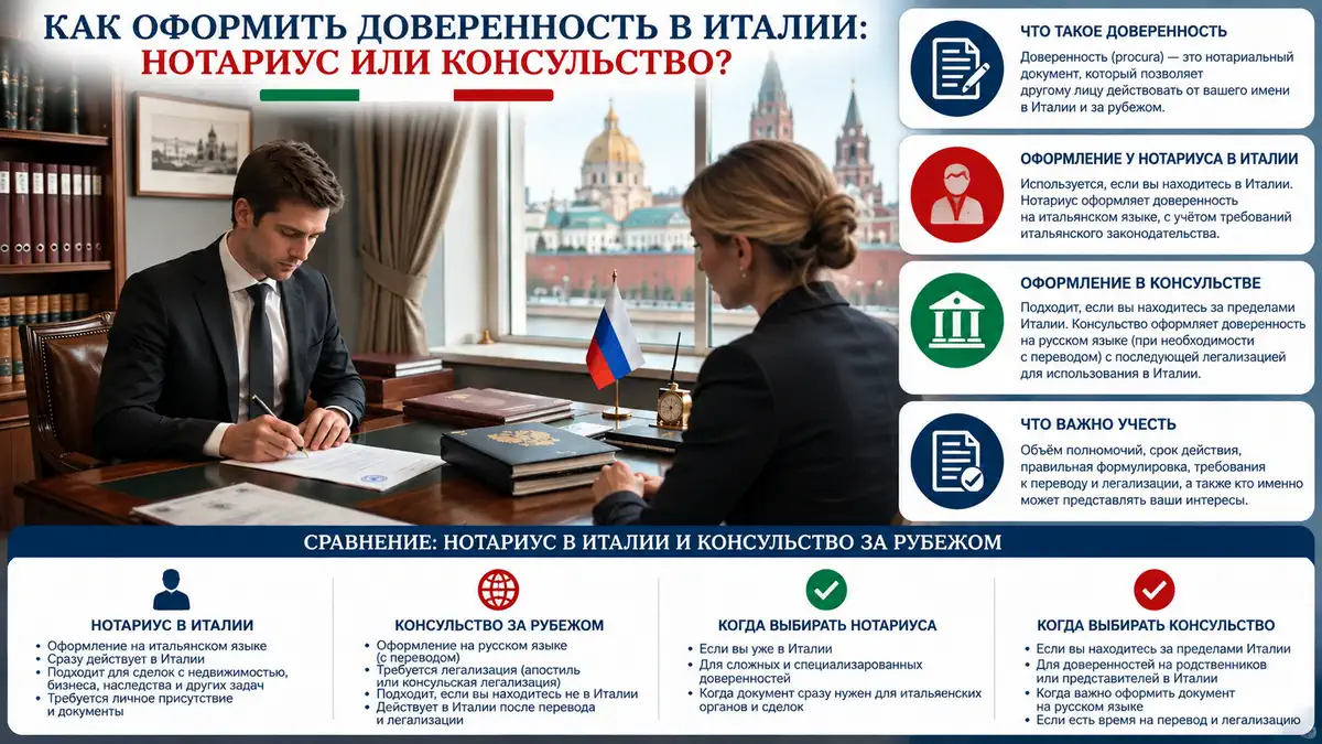 Оформление доверенности в Италии: человек подписывает документы, рядом паспорт и папка без читаемого текста, спокойная деловая атмосфера