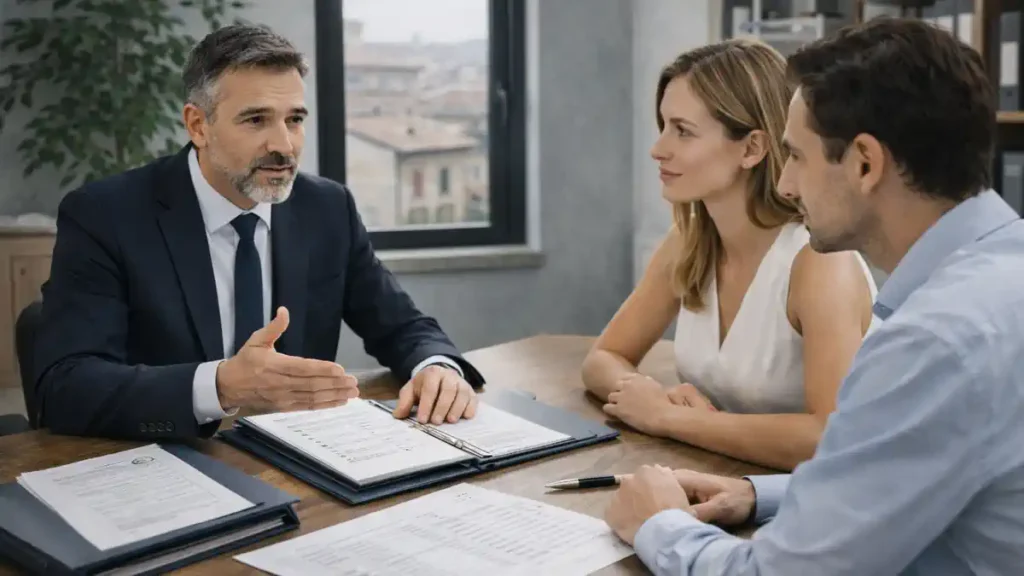 Поиск нотариуса в Италии через официальный реестр, покупатель проверяет данные и готовит запрос на расчет