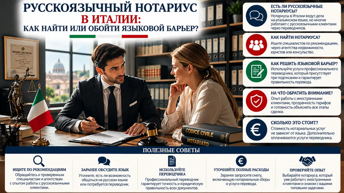 Русскоязычный клиент у нотариуса в Италии с переводчиком: подписание документов, спокойная деловая атмосфера