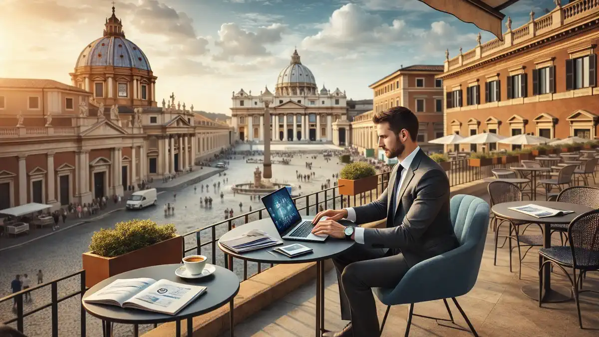 Самозанятый Фрилансер работает за ноутбуком с видом на итальянский город