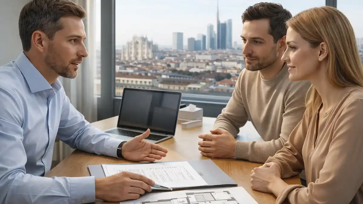 Ипотека на квартиру в Милане консультация в банке Консультация по ипотеке в Милане: клиент и консультант рассматривают документы и план квартиры