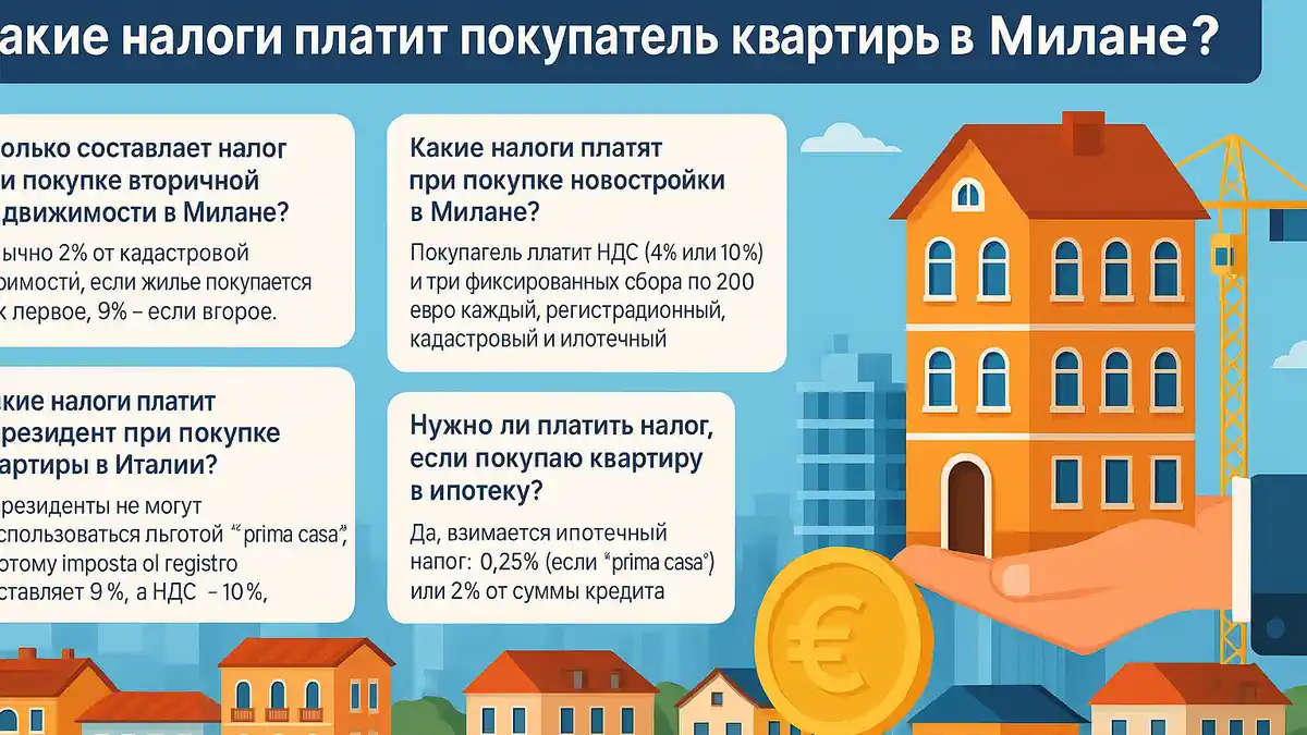 Покупатель подписывает договор на покупку квартиры в Милане у нотариуса Современный светлый нотариальный офис в Милане, мужчина и женщина подписывают договор на фоне итальянского флага и архитектурных планов.