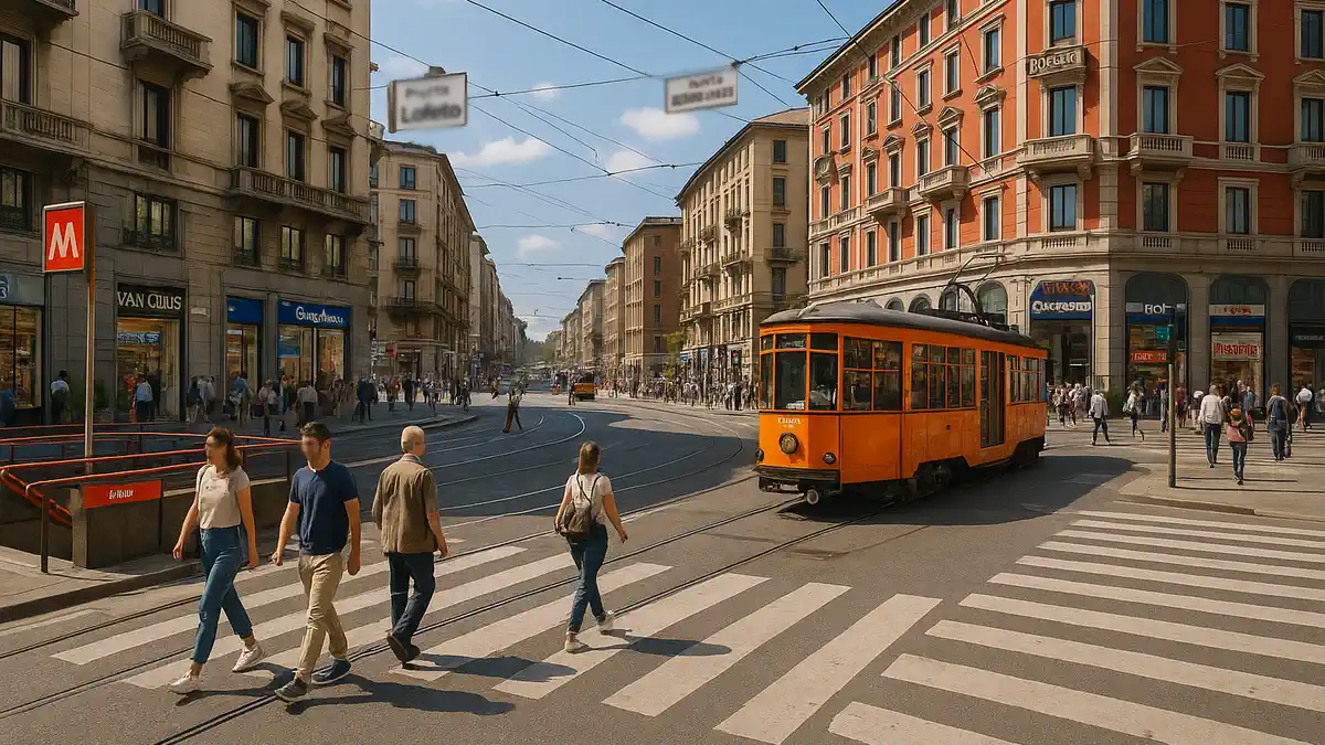Метро, магазины и дома вдоль Corso Buenos Aires в районе Loreto в Милане