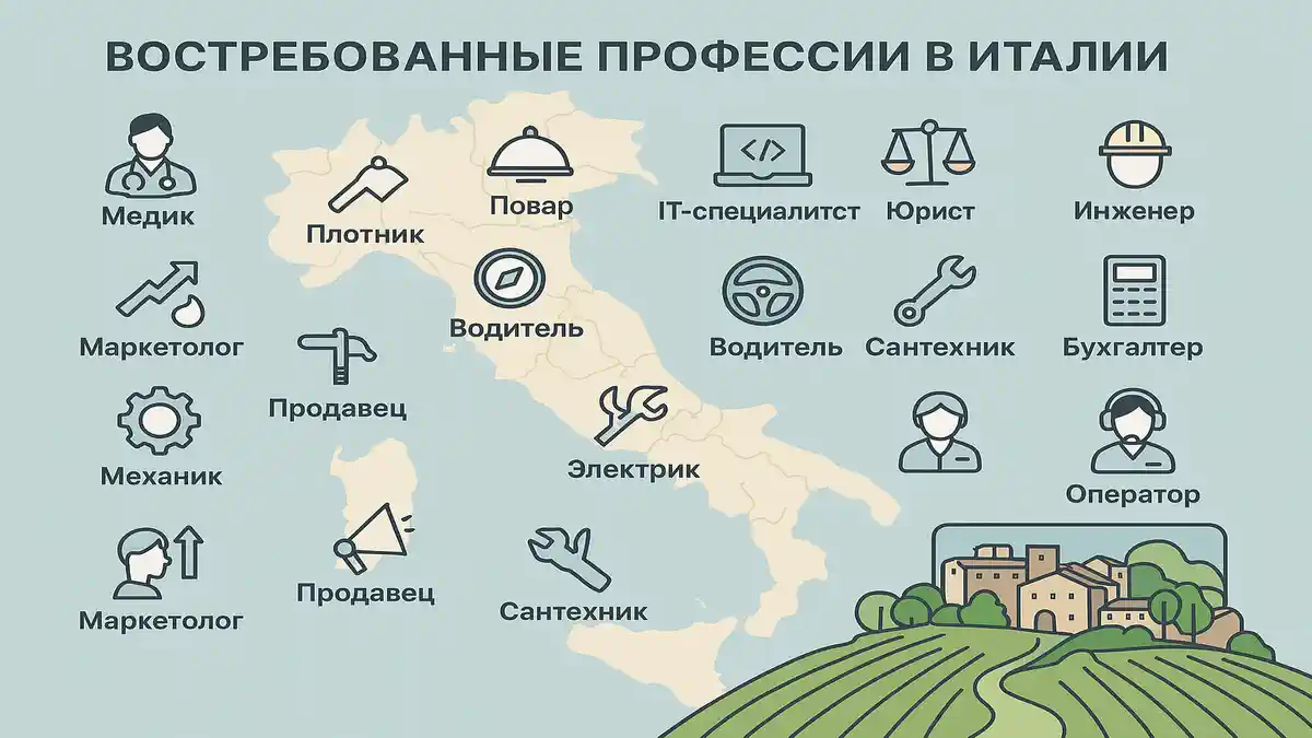 Инфографика с самыми востребованными профессиями в Италии в 2025 году