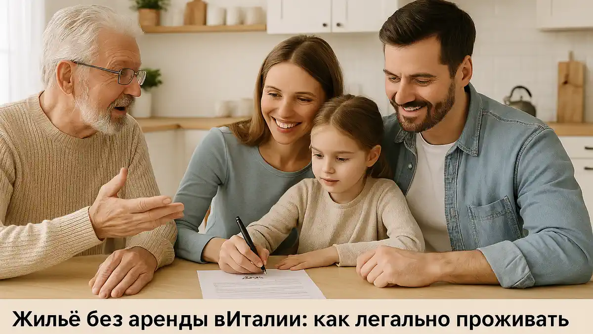 Русскоязычная семья на кухне обсуждает проживание в квартире без аренды, подписывая простой договор