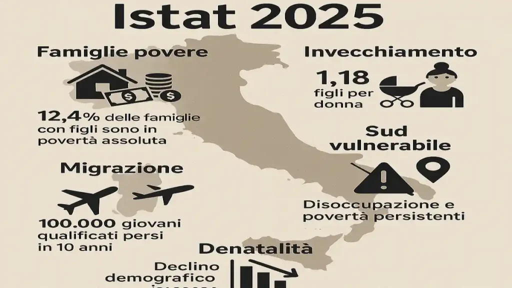 Иллюстрация демографического отчёта Istat о бедности и старении населения Италии в 2025 году