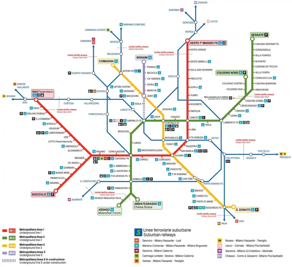 Все линии метро Милана по цветам полная карта с электричками