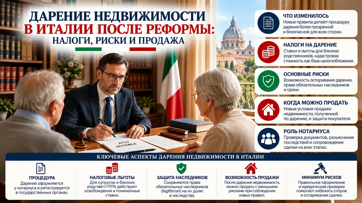 итальянский нотариус с документами и клиентами, обсуждающими дарение недвижимости. Атмосфера официальная, интерьер офиса в классическом стиле