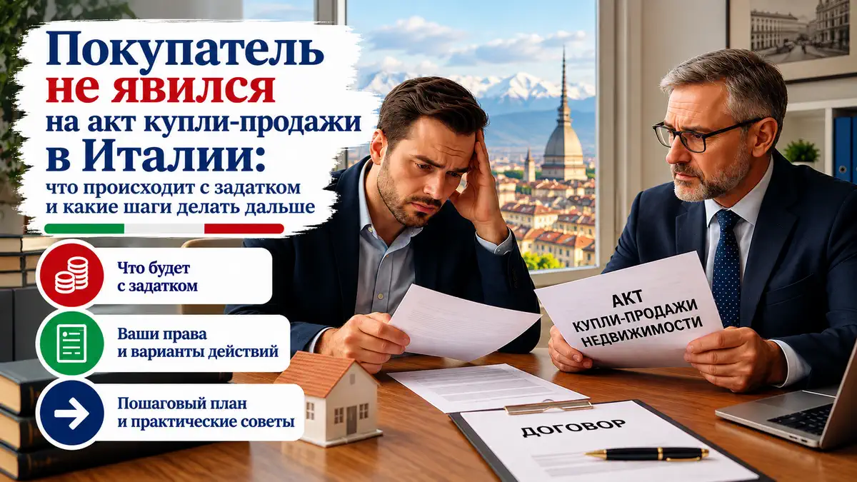 Продавец в Италии обсуждает с юристом ситуацию неявки покупателя на сделку и удержание задатка
