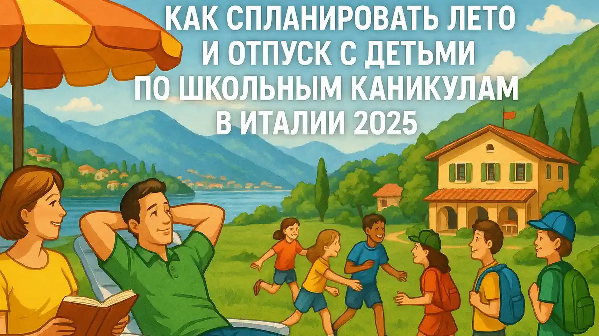 Семья на каникулах в Италии дети в лагере, родители отдыхают