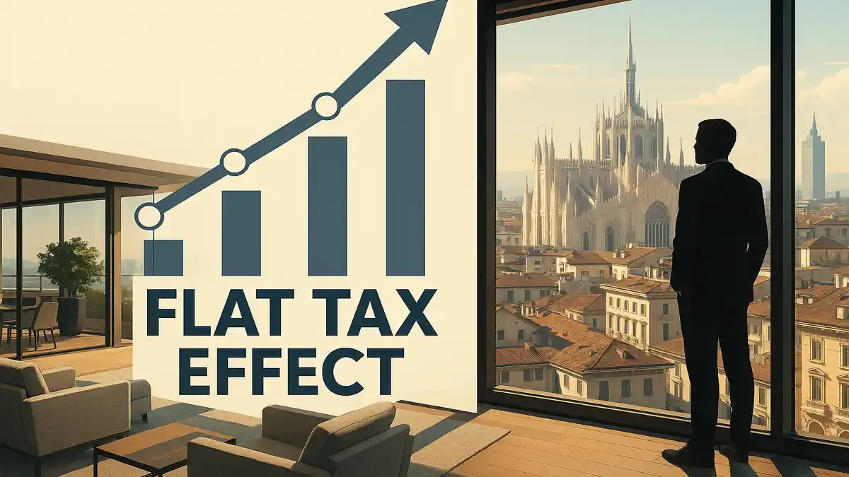 Вид на роскошные апартаменты в Милане с террасой и видом на Дуомо, где на фоне видно силуэт бизнесмена у окна. Атмосфера — современная, элитная, дневной свет. Слева — график с ростом цен и подписью "Flat Tax Effect". Визуальный стиль деловой, инфографичный.