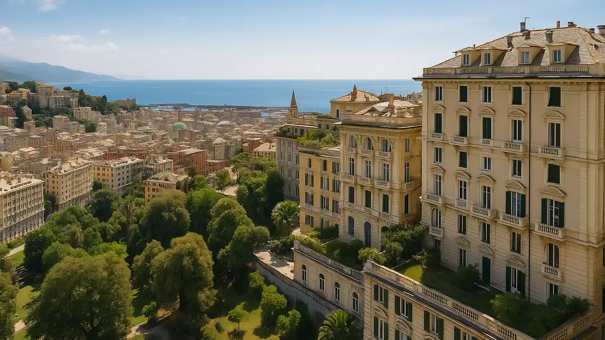 Район Castelletto в Генуе панорама города и престижное жильё Район Castelletto в Генуе с видом на центр города и море