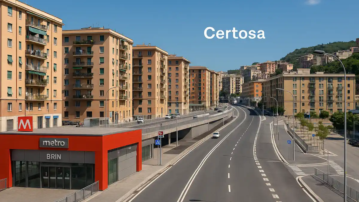Район Certosa в Генуе жилые дома и метро Brin Панорама района Certosa в Генуе с жилыми кварталами и линией метро
