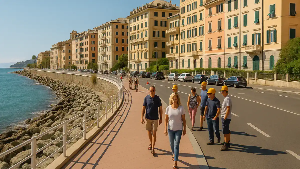 Район Foce в Генуе набережная Corso Italia и жилые дома Панорама района Foce в Генуе с набережной Corso Italia, жилыми кварталами и видом на море