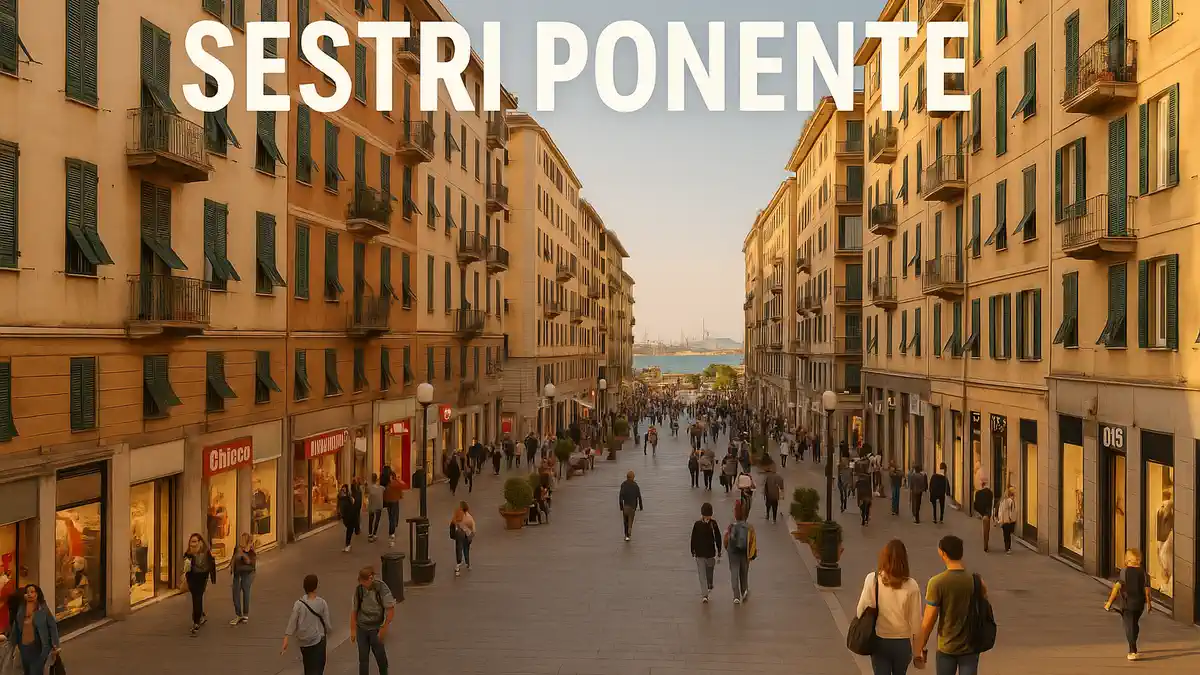 Район Sestri Ponente в Генуе торговая улица Via Sestri Панорама района Sestri Ponente в Генуе с торговой улицей Via Sestri и жилыми кварталами