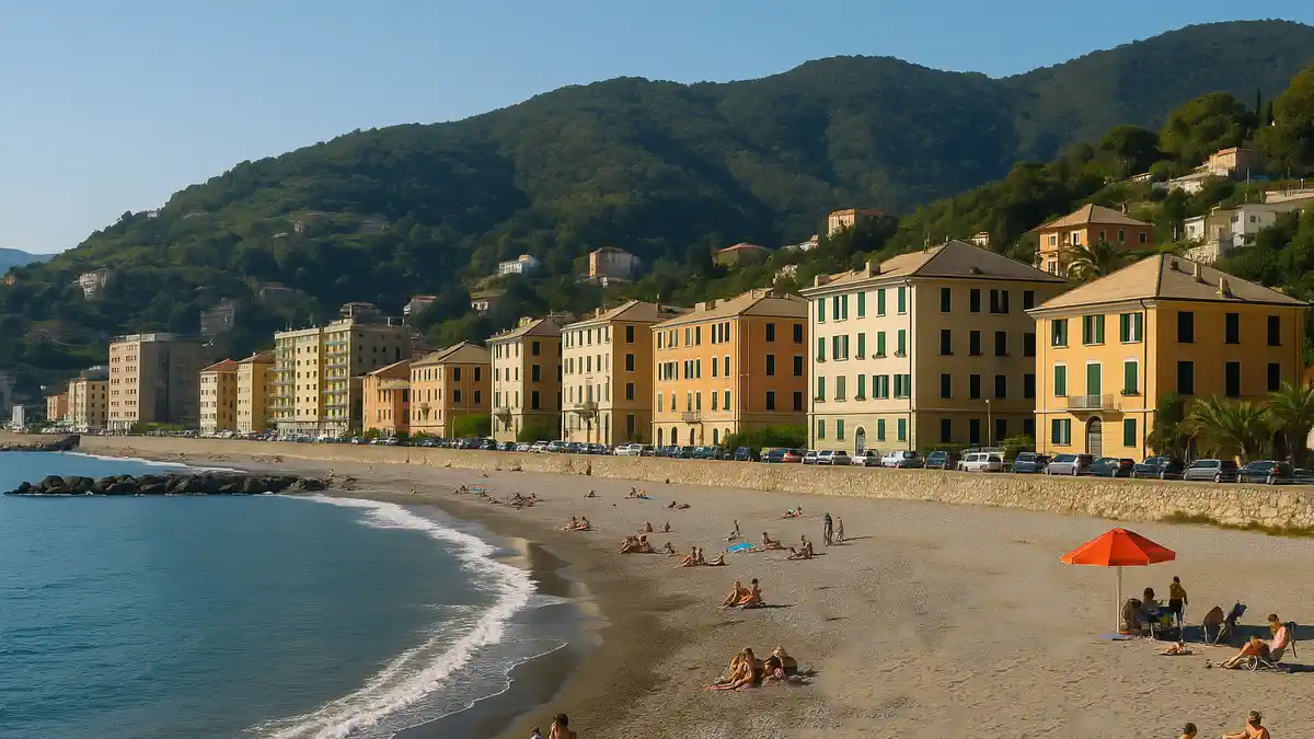 Район Voltri в Генуе набережная и жилые дома у моря Панорама района Voltri с пляжем, домами и холмами