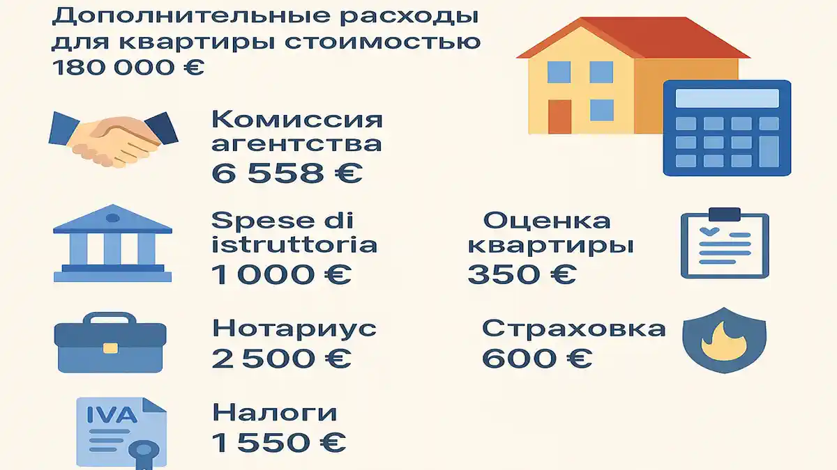 Инфографика расходов при покупке первой квартиры с ипотекой в Италии Схематическое изображение всех дополнительных расходов при покупке квартиры с ипотекой в Италии в 2025 году комиссия агентства, налоги, нотариус, страховка.