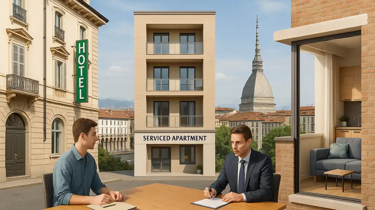 Отель, Airbnb и serviced apartment в Италии сравнение 2025 Современный итальянский город, на фоне коллаж из отеля, Airbnb-квартиры и serviced