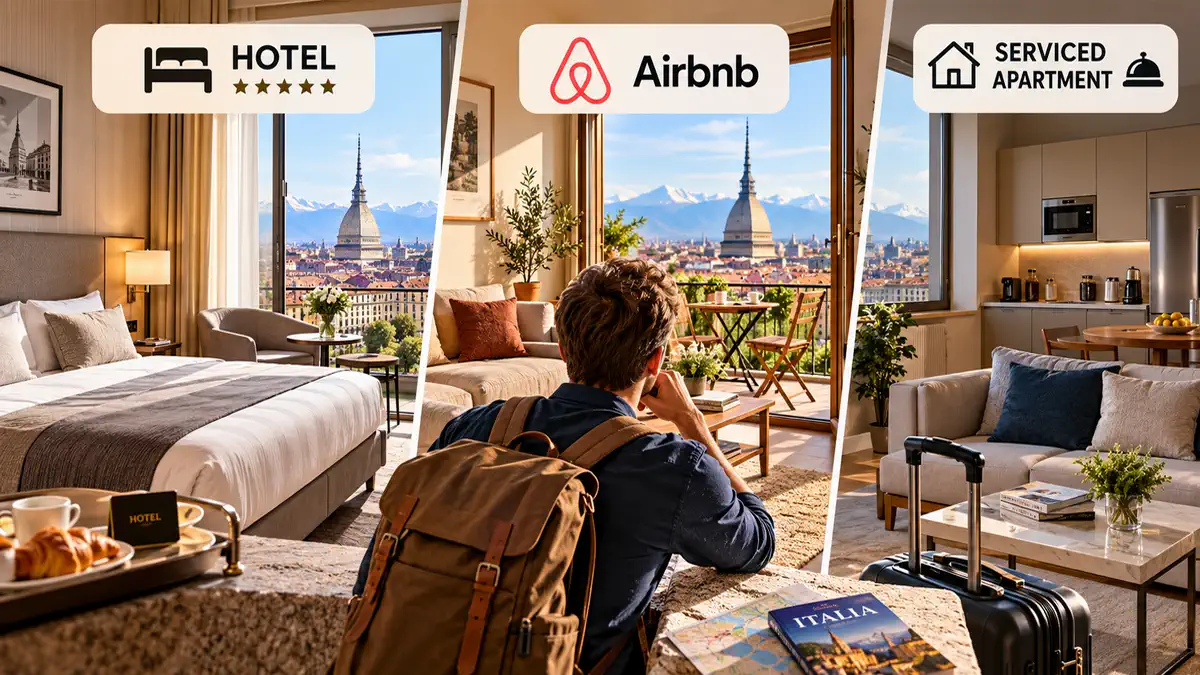 Отель, Airbnb и serviced apartment в Италии сравнение 2025 Современный итальянский город, на фоне коллаж из отеля, Airbnb-квартиры и serviced