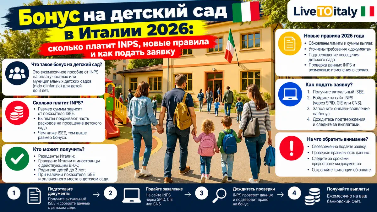 Бонус на детский сад в Италии Bonus Asilo Nido 2026 Родители в Италии получают бонус INPS на оплату детского сада (Bonus Asilo Nido 2026) с новыми правилами