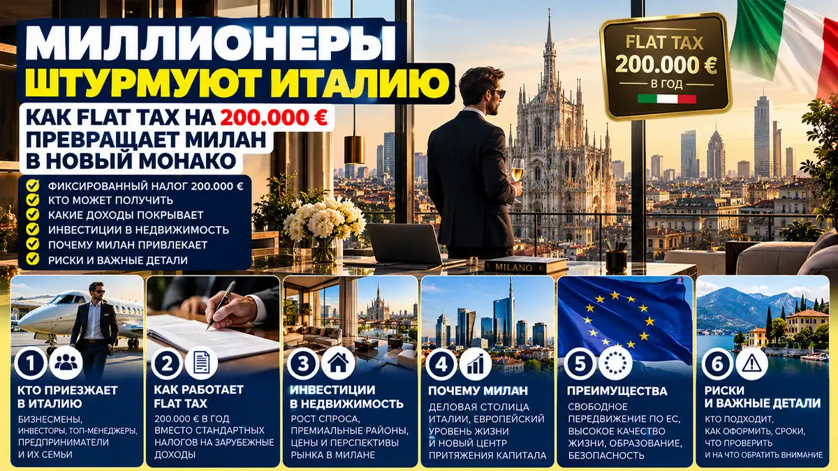 Вид на роскошные апартаменты в Милане с террасой и видом на Дуомо, где на фоне видно силуэт бизнесмена у окна. Атмосфера — современная, элитная, дневной свет. Слева — график с ростом цен и подписью "Flat Tax Effect". Визуальный стиль деловой
