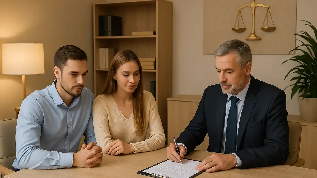 Фотография итальянского нотариуса с парой иностранцев на подписании договора купли-продажи