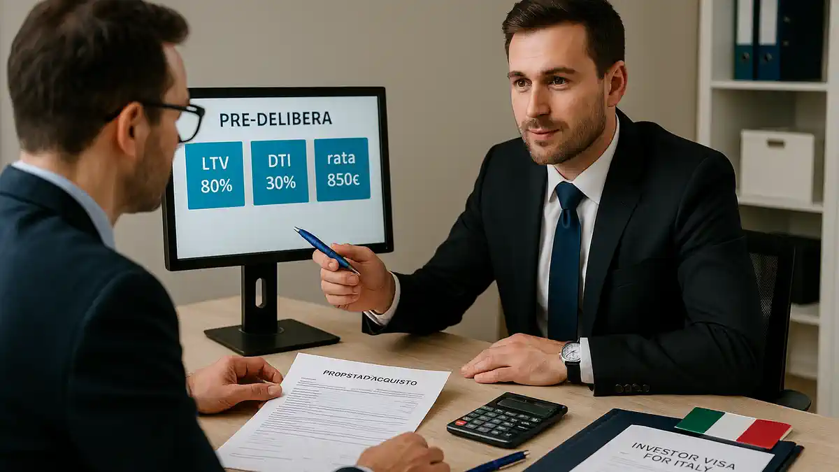 Консультация по pre-delibera в банке Италии перед покупкой квартиры Покупатель с консультантом обсуждают pre-delibera, LTV/DTI и шаги до rogito в Турине
