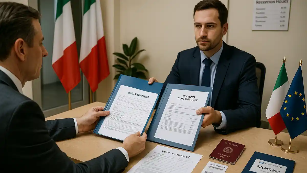 Официальная подача документов на национальную визу D в консульстве Италии окно приёма, заявитель и список документов на столе