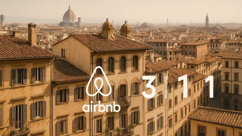 Airbnb в Италии краткосрочная аренда и рост рынка недвижимости Светлая редакционная фотография вид сверху на старый центр Рима с окнами и балконами, в одном из окон логотип Airbnb