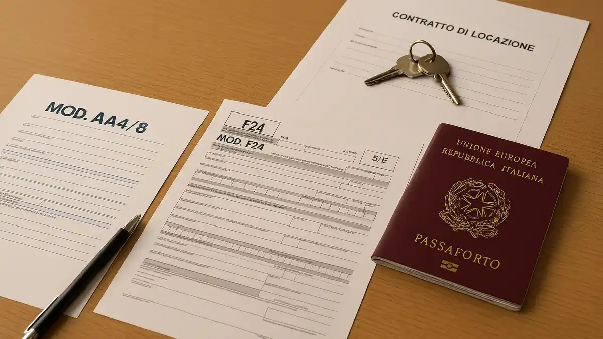 Codice fiscale через консульство и регистрация аренды без кода Стол с формами AA4/8 и моделью 69, рядом паспорт и F24, фон студенческое жильё.