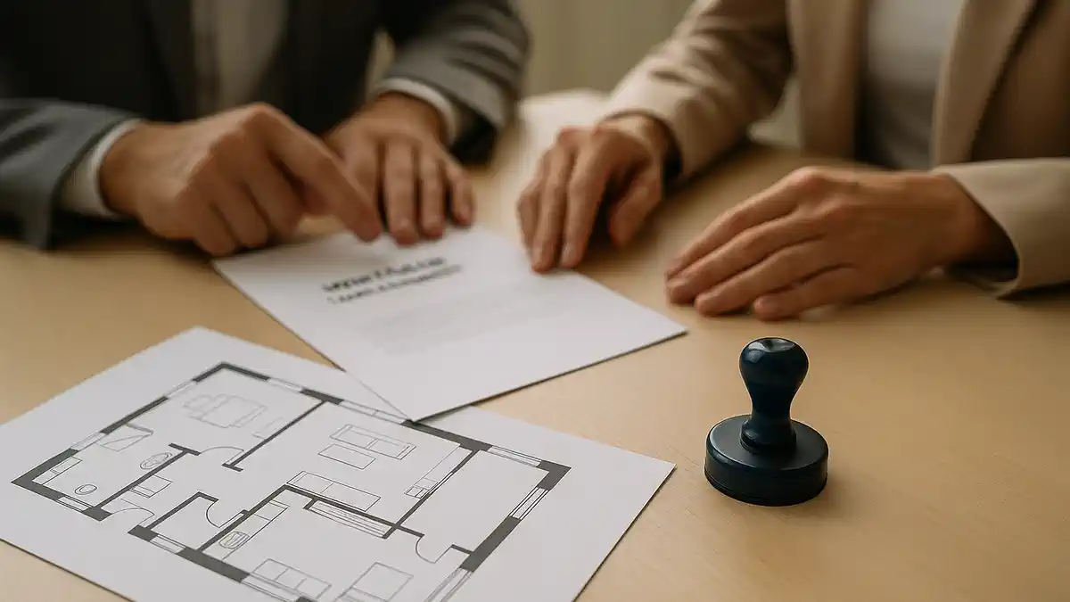 Дарение vs покупка в Италии как банки смотрят на залог Стол нотариуса, план квартиры, штамп и документы, нейтральный редакционный стиль