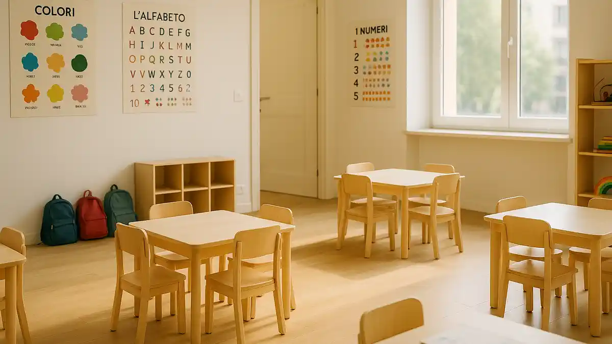 Ясли и детские сады в Турине запись, ISEE и адаптация Светлая группа детсада в Турине, детские столики и рюкзачки у входа, спокойная атмосфера мягкого старта