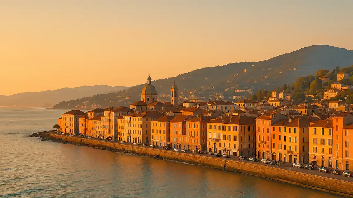 Города Италии с лучшим климатом - солнце и мягкая зима Панорама морского побережья с мягким светом, спокойное море, городской силуэт, нейтральные тона