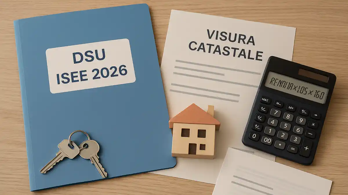 ISEE 2026 как считается стоимость дома и кому выгодно Городской дом и папка «DSU ISEE 2026», на столе калькулятор и выписка visura catastale