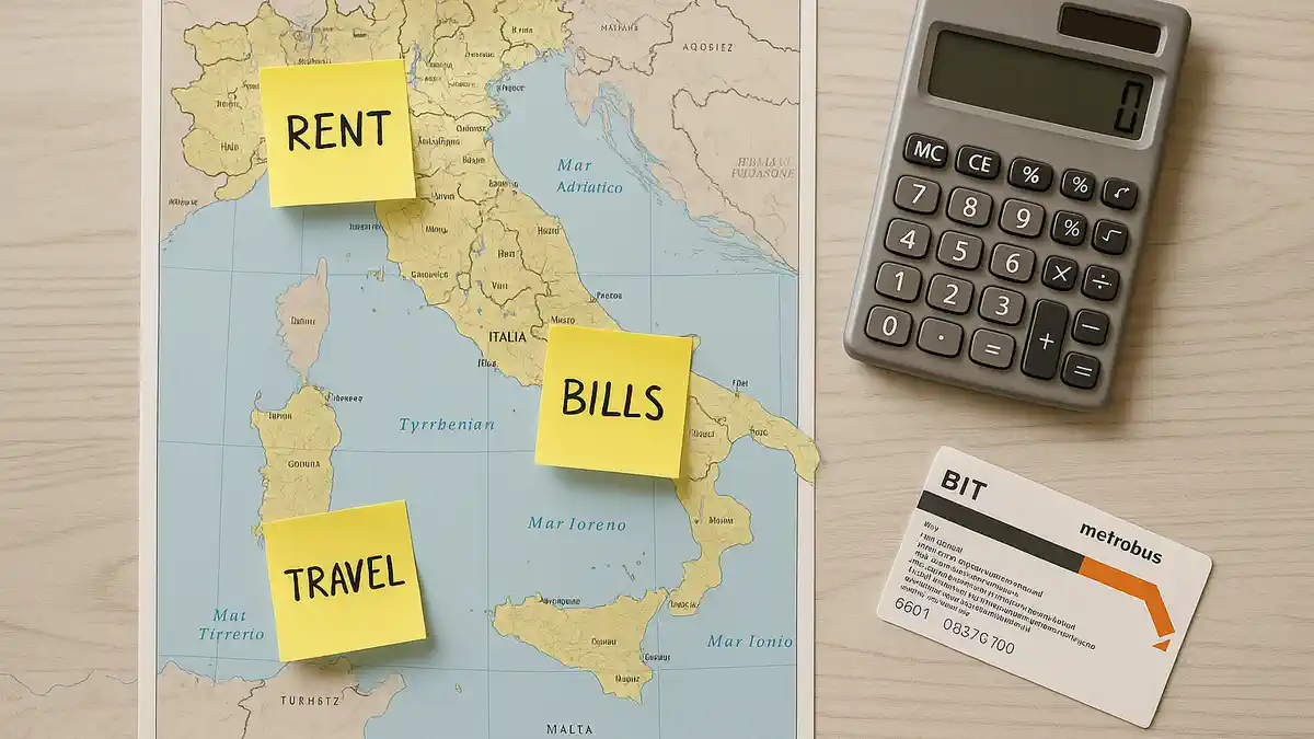 Региональные налоги и билеты в Италии примеры расчётов Карта Италии, рядом блокнот с формулами и билет метро «о деньгах и проезде»