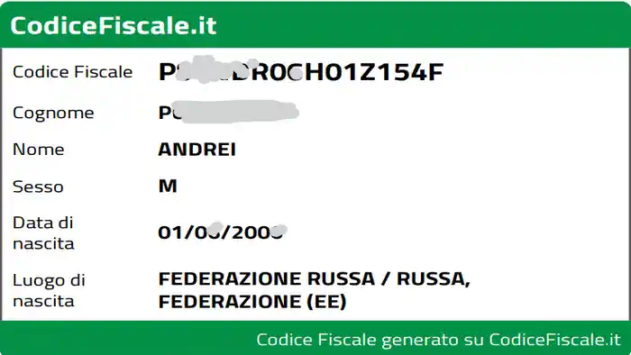 Фискальный налоговый код в Италии сгенерированный студентом на сайте