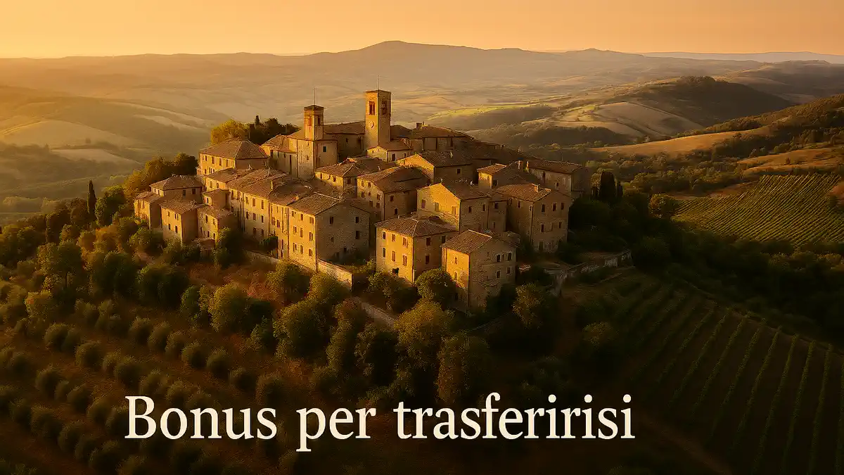 Тоскана, каменные дома Радикондоли и подпись бонус на переезд Тёплый панорамный вид исторического центра Радикондоли с оливами и виноградниками, без брендов и людей крупным планом